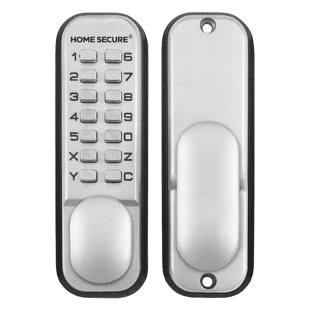 Silver mechanical door lock with push-button keypad on the left side and matching handle plate on the right, branded ‘HOME SECURE.