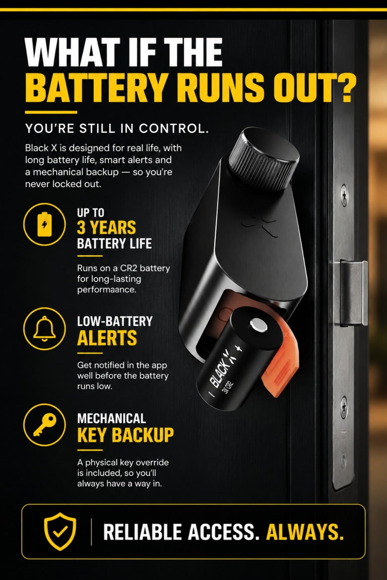 Black X smart lock battery features showing up to three years battery life, low-battery alerts and mechanical key backup.
