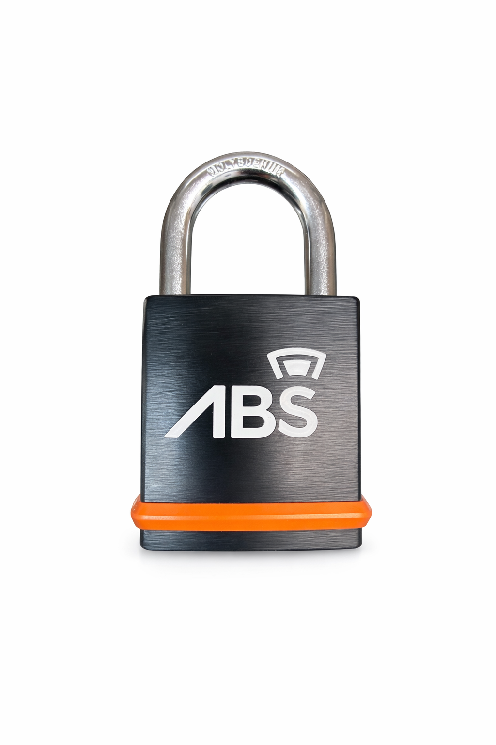 Black padlock with orange accent and ABS logo on a white background