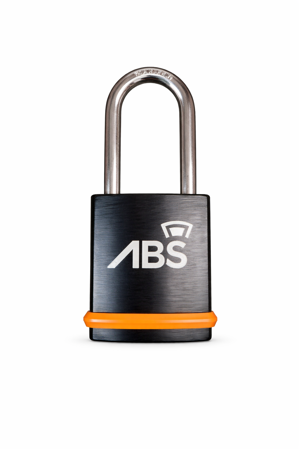 Black padlock with orange accent and ABS logo on a white background