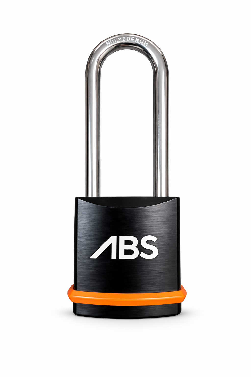 Black high security padlock with orange accent and 'ABS' logo on a white background