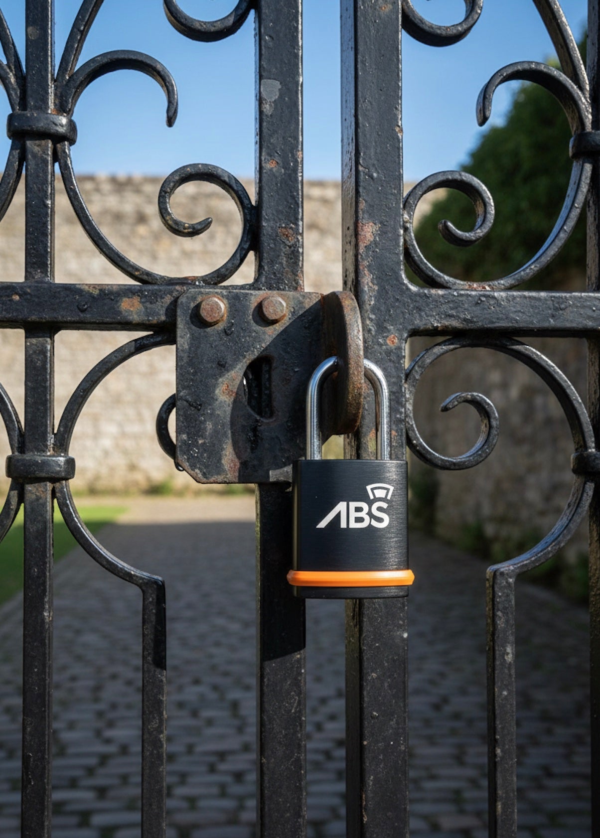 Black metal gate with a padlock featuring the ABS logo, set against a blurred outdoor background.