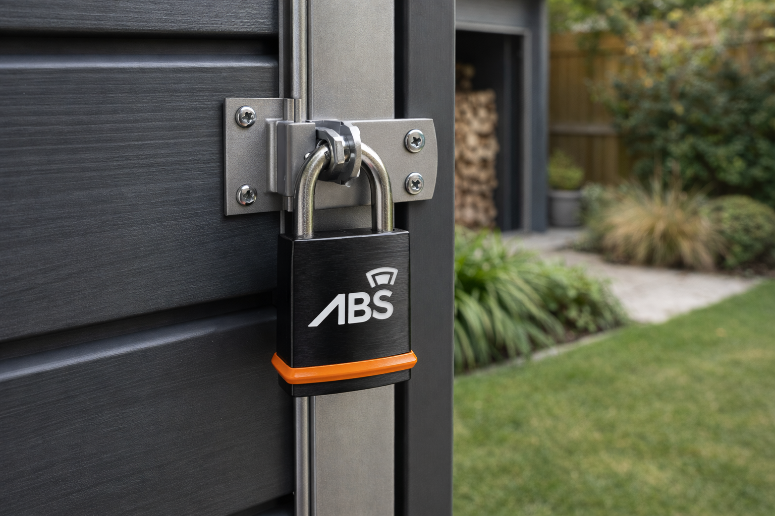 ABS padlock on a gate with a garden background