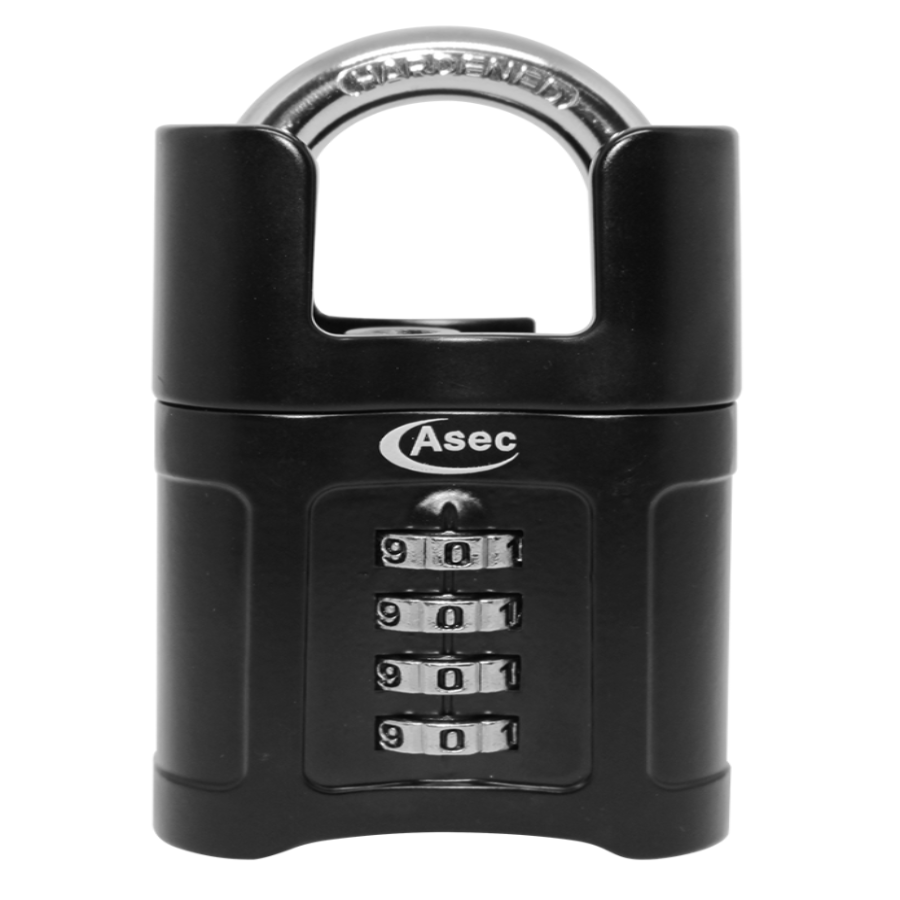 Angled front view of the ASEC closed shackle combination padlock with resettable combination mechanism.