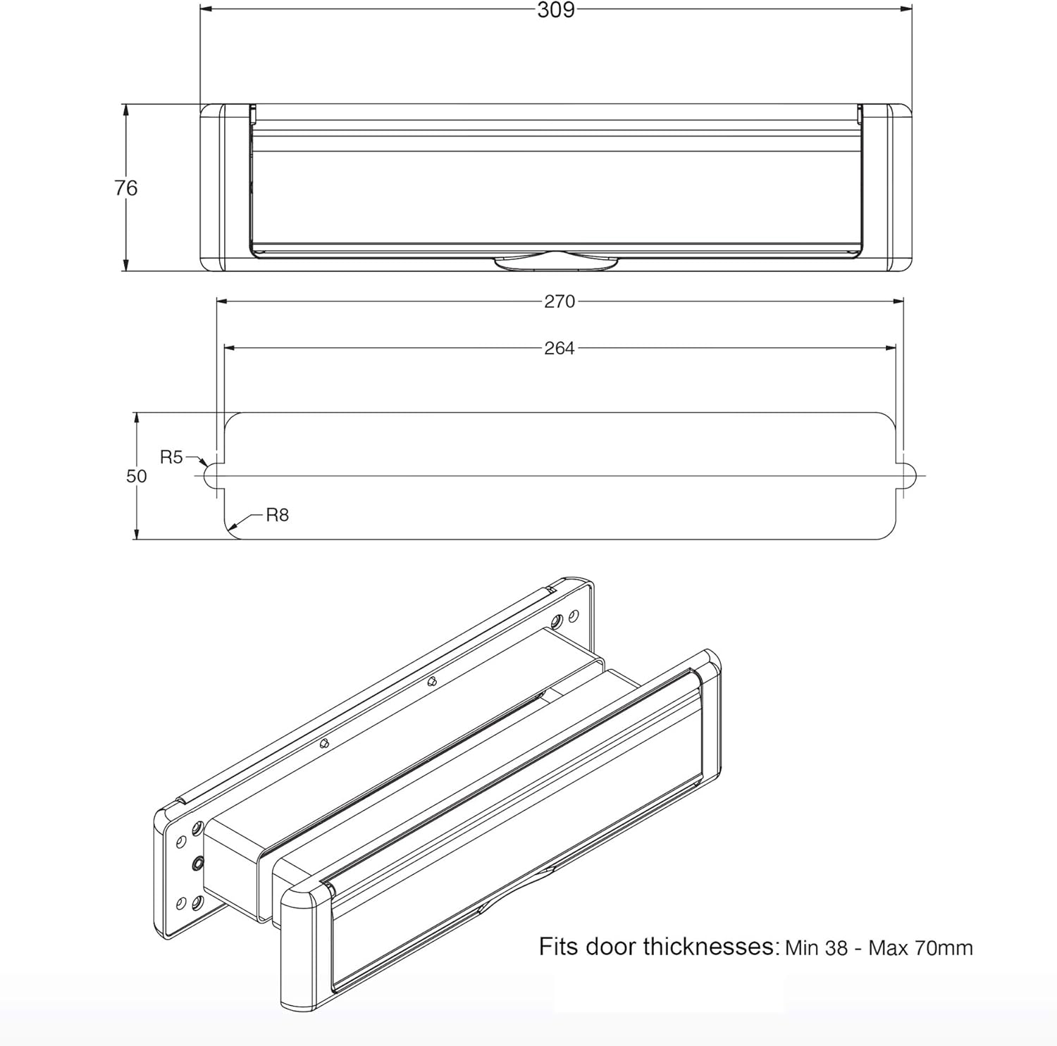 Technical drawing of a rectangular metal bracket with dimensions on a white background