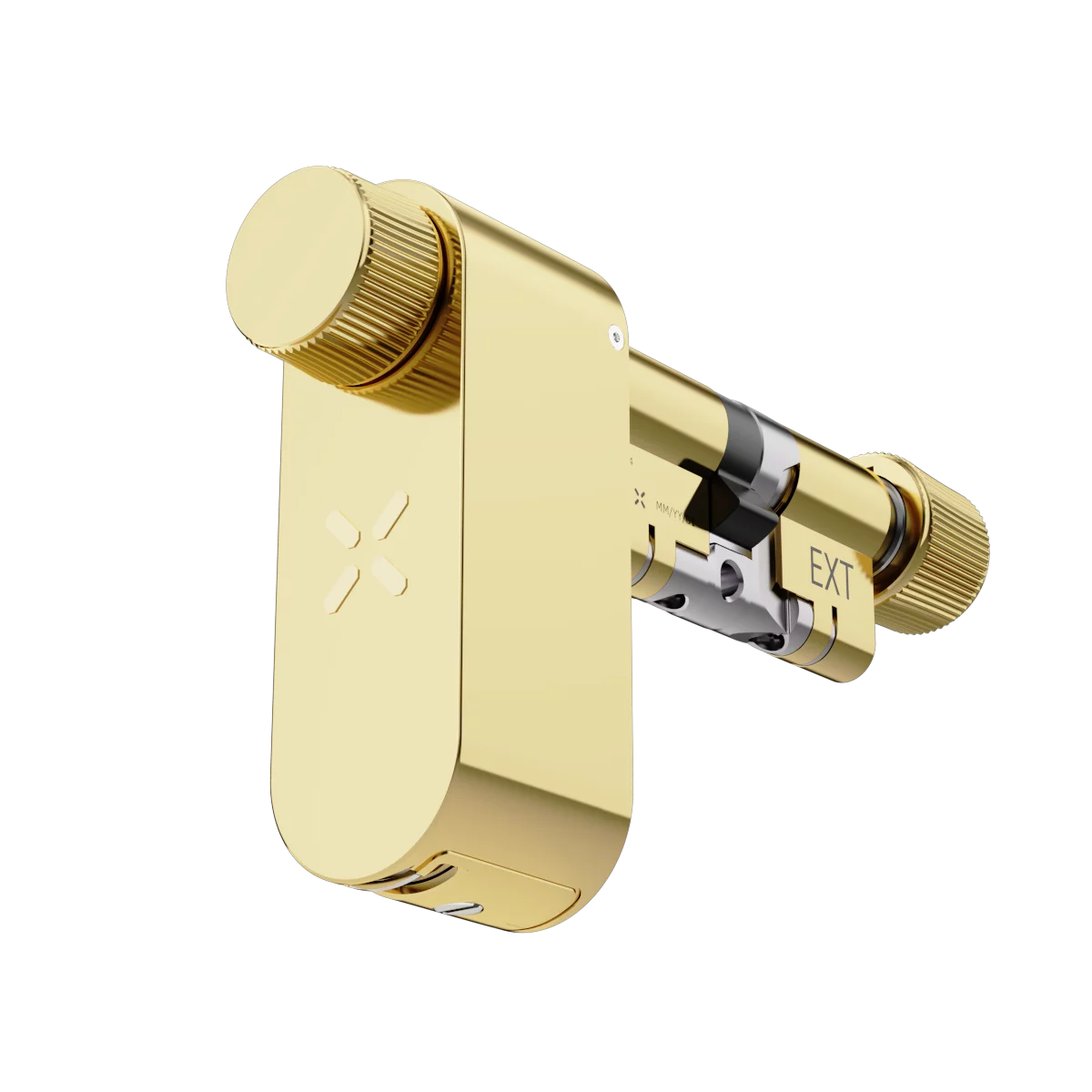 Gold lock mechanism on a white background