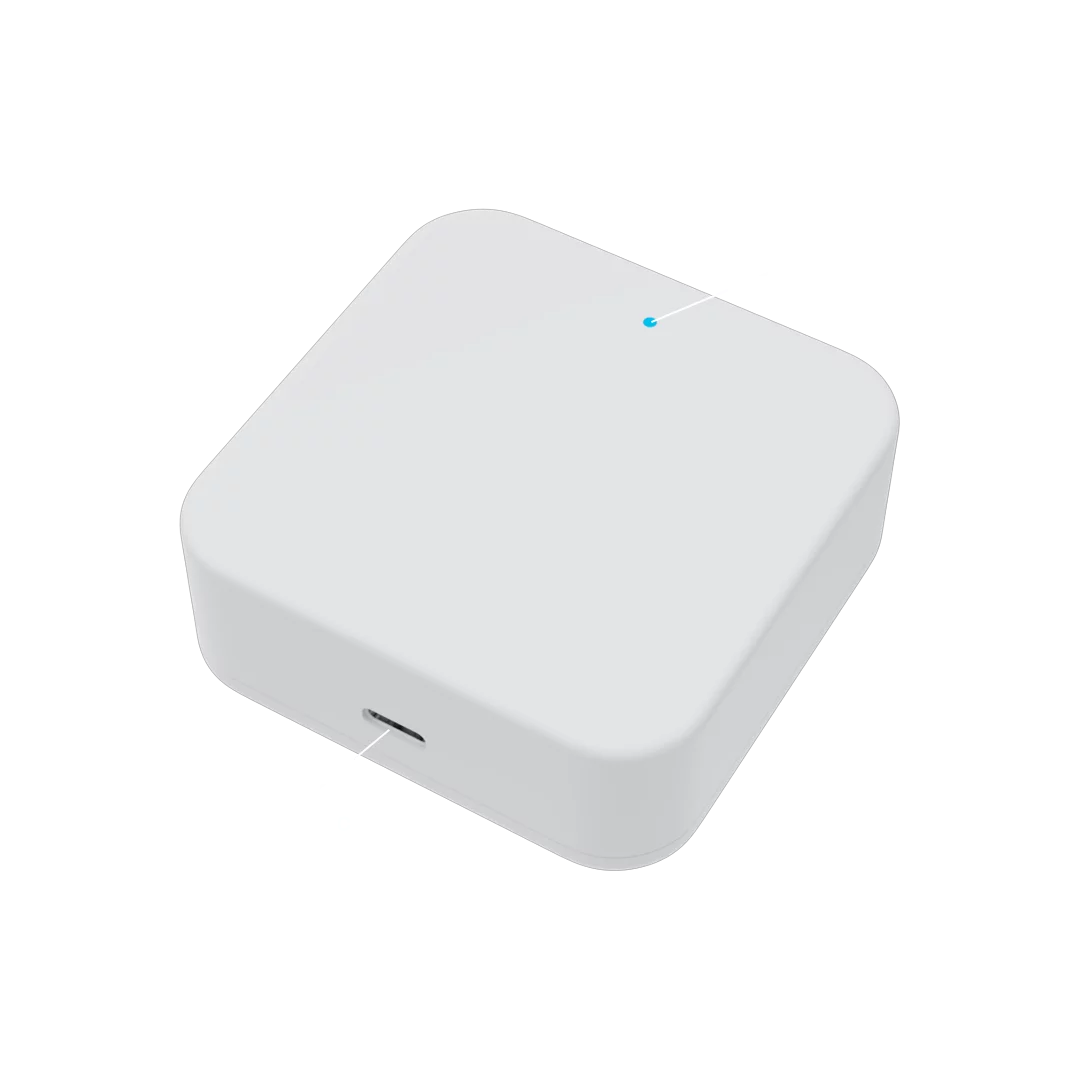 White rectangular device with a small blue light on a white background