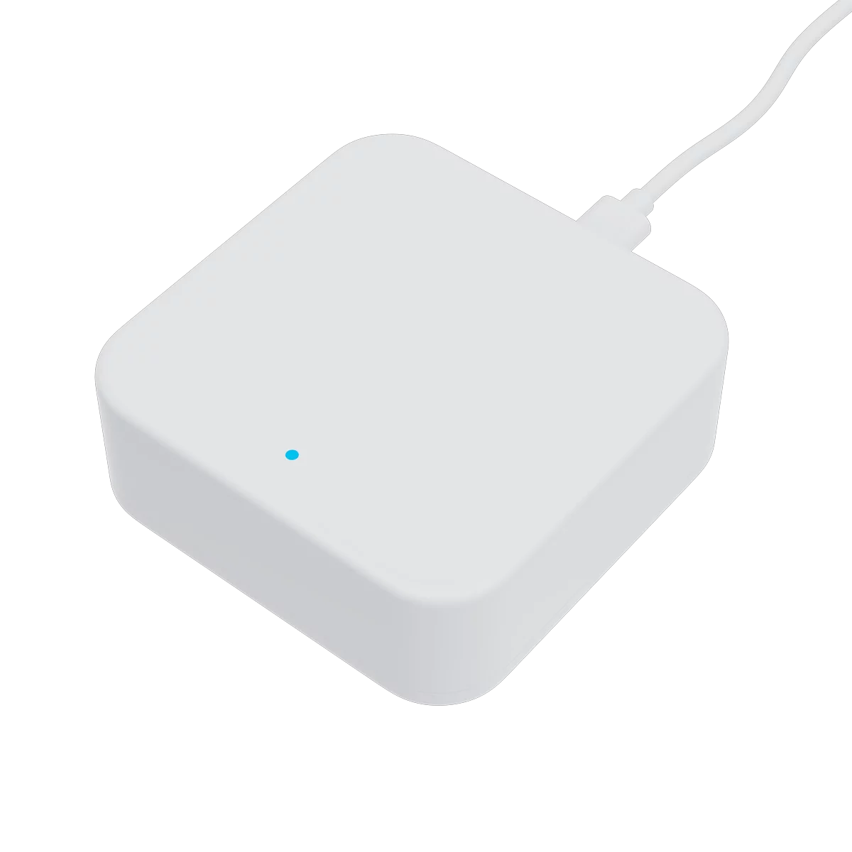 White rectangular device with a blue light on a white background