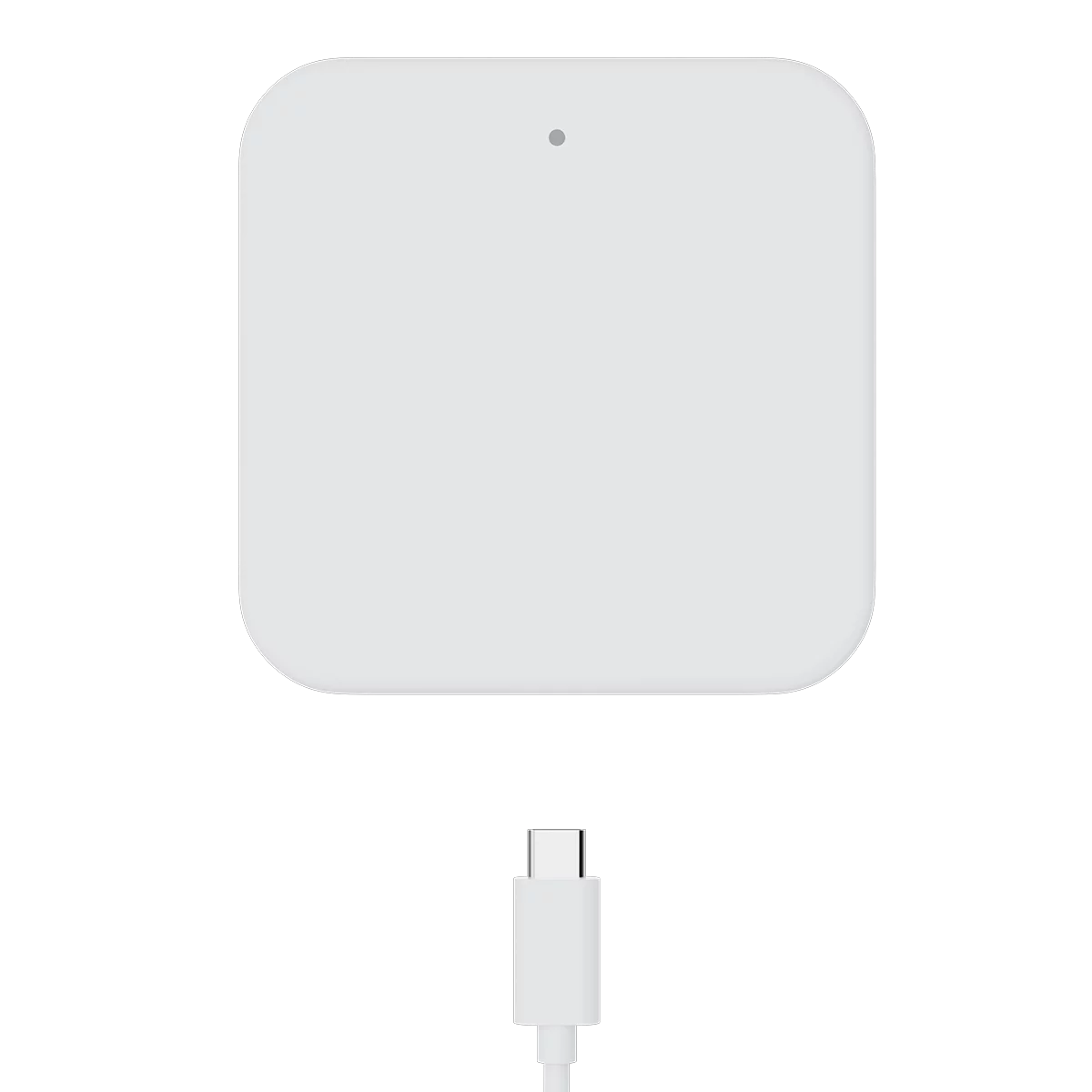 Square white device with a USB-C cable on a white background