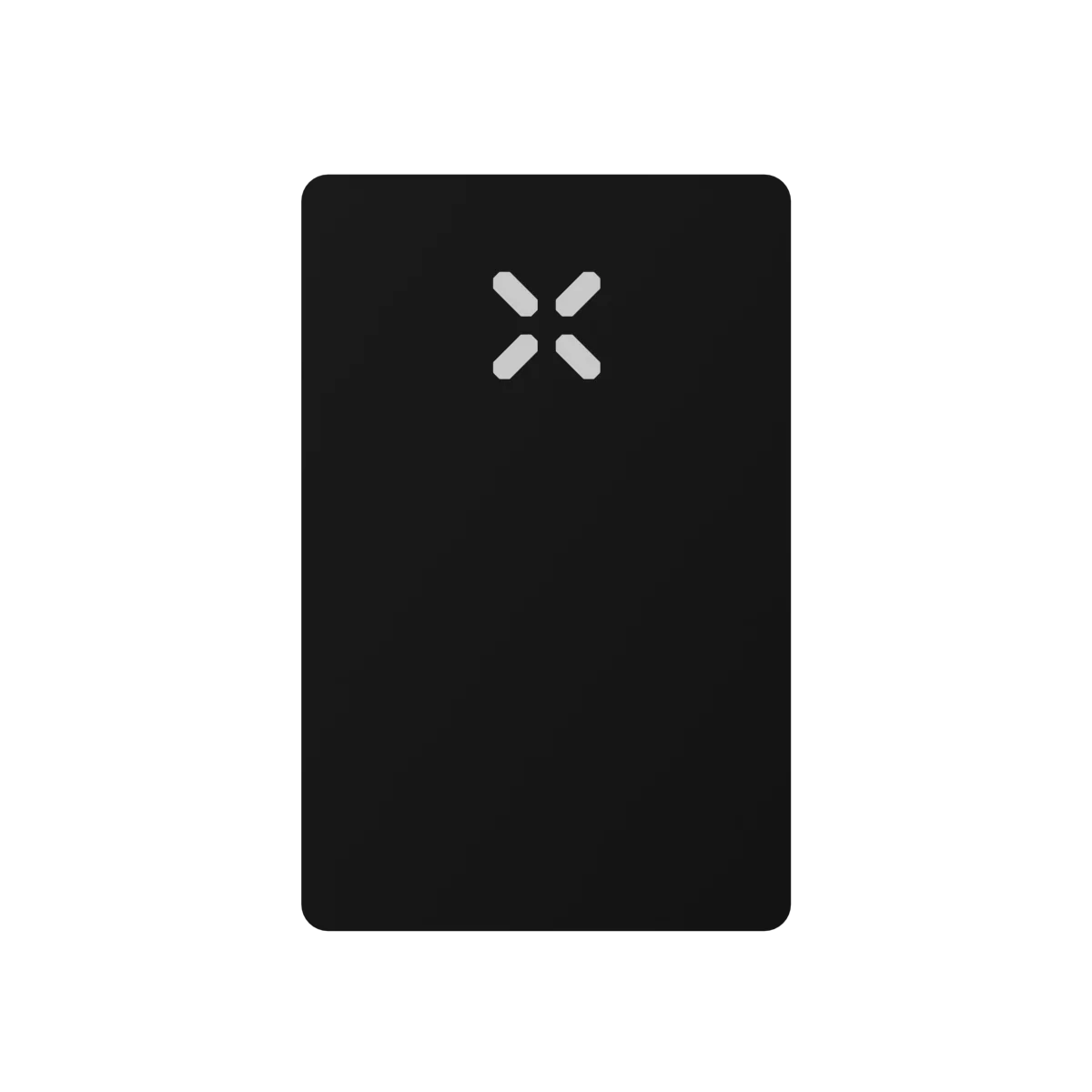 Black rectangular card with a white logo on a white background
