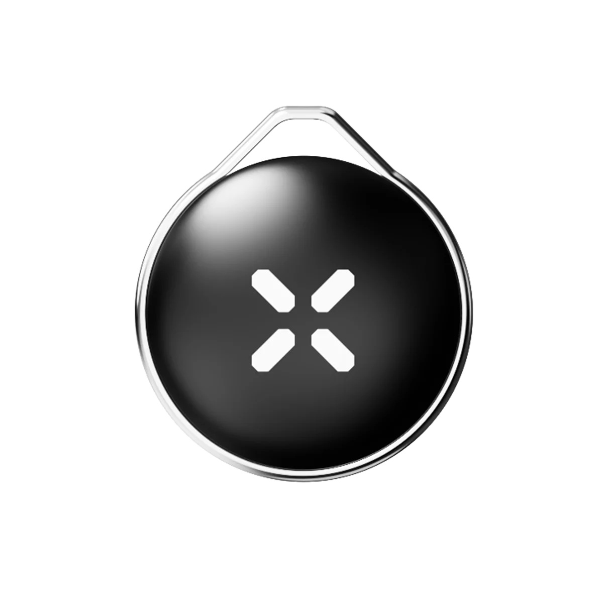 Black circular device with a white symbol on a white background