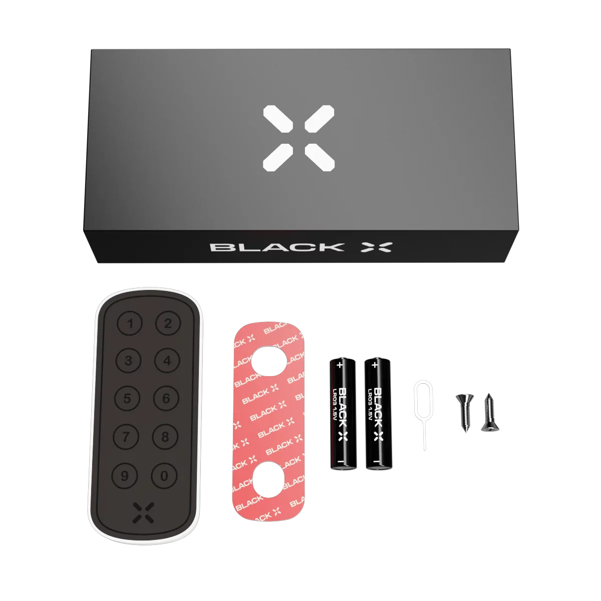 Black X branded remote control, battery holder, and screws on a white background