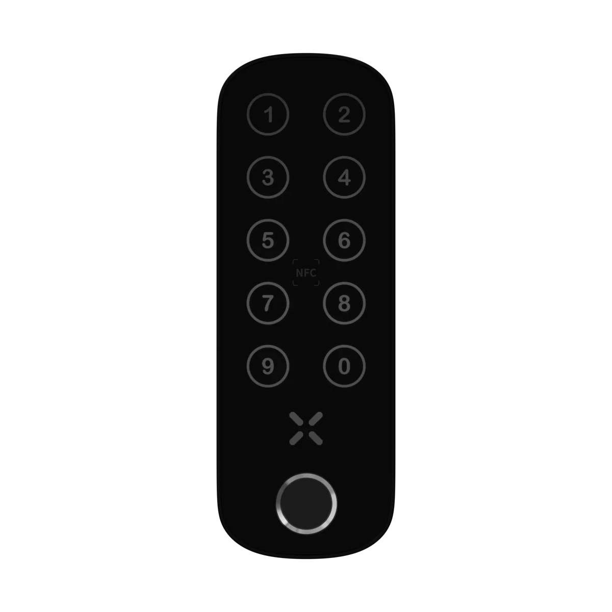 Black digital keypad with numbers and a central button on a white background