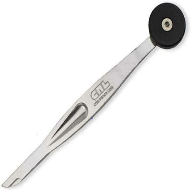 A stainless steel hand tool with a black circular roller wheel, featuring the brand name 'CRL' and website 'CLAURENCE.COM' printed on the metal shaft, set against a plain white background.