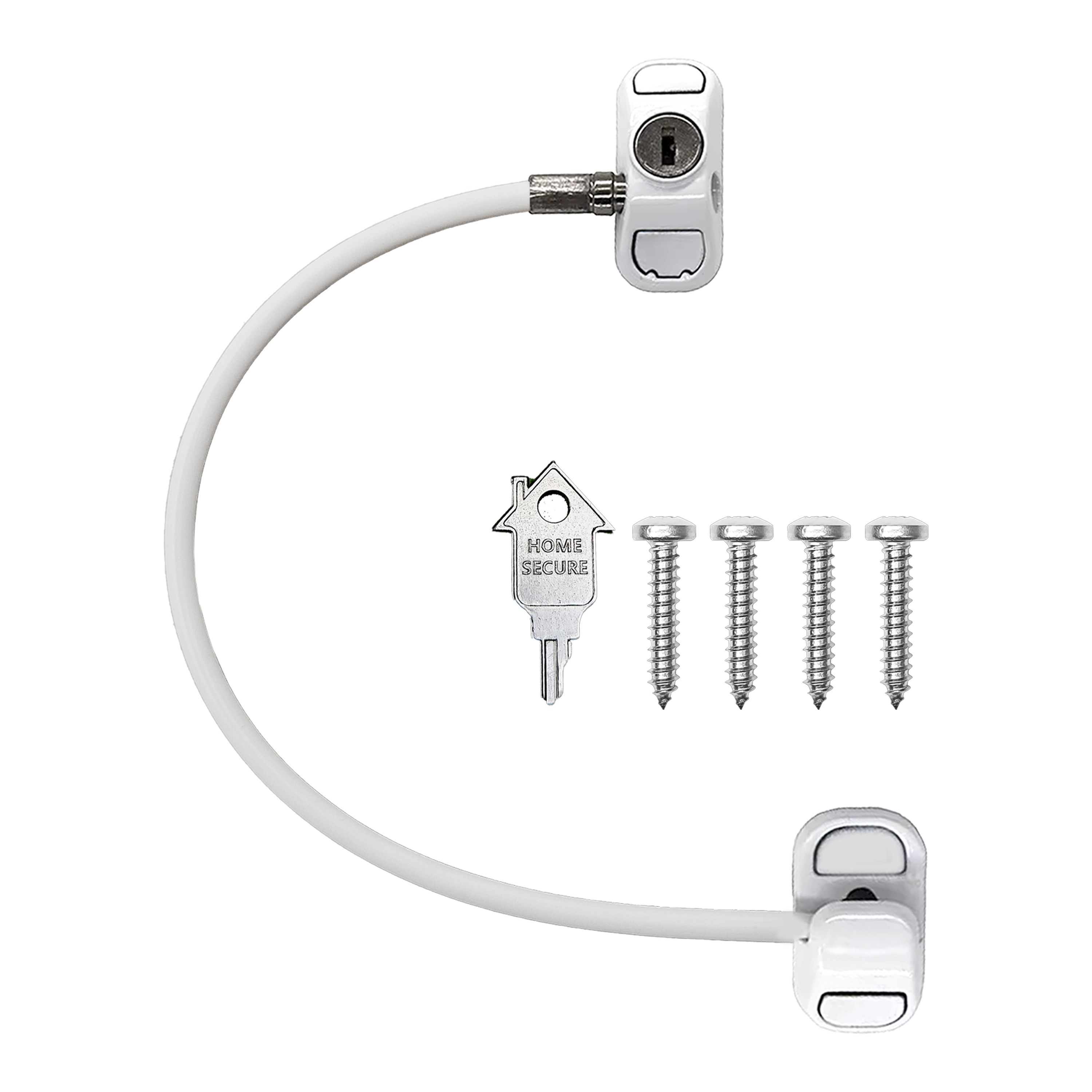 A white Home Secure cable restrictor lock for with a key and four screws for uPVC window, against a clear background.