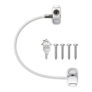 A white Home Secure cable restrictor lock for with a key and four screws for uPVC window, against a clear background.