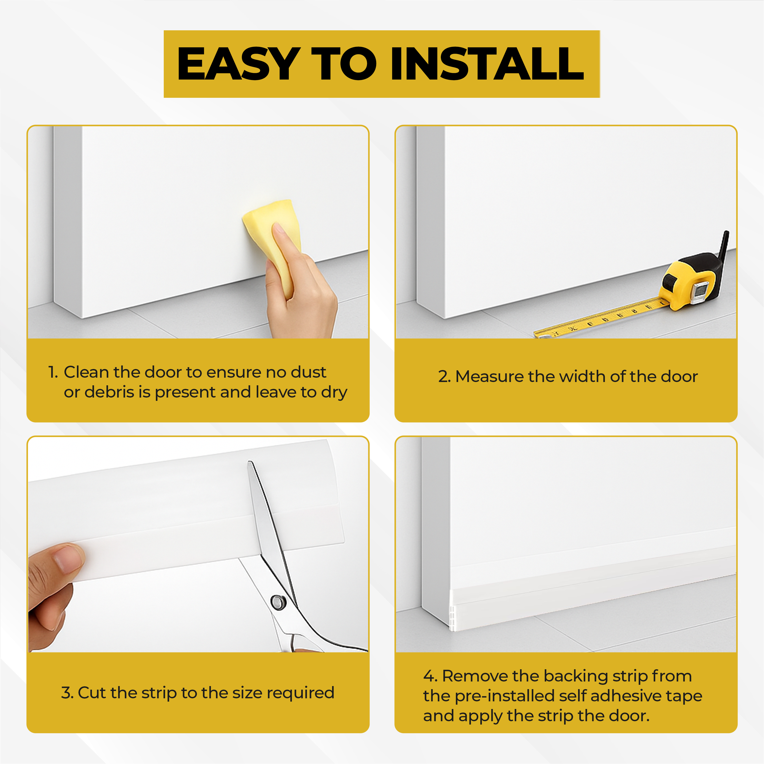Step-by-step guide on how to install a door draught excluder strip on a door with text and images.