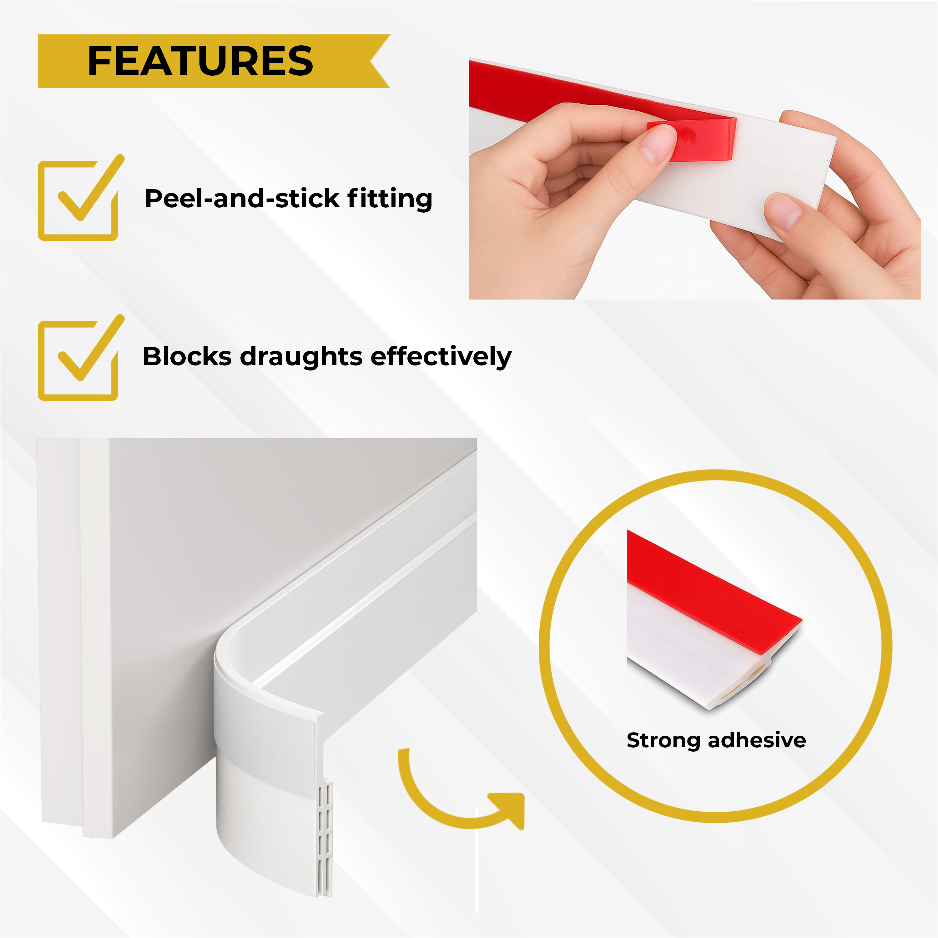 door draught excluder product features including peel-and-stick fitting, effective draught blocking, and strong adhesive.