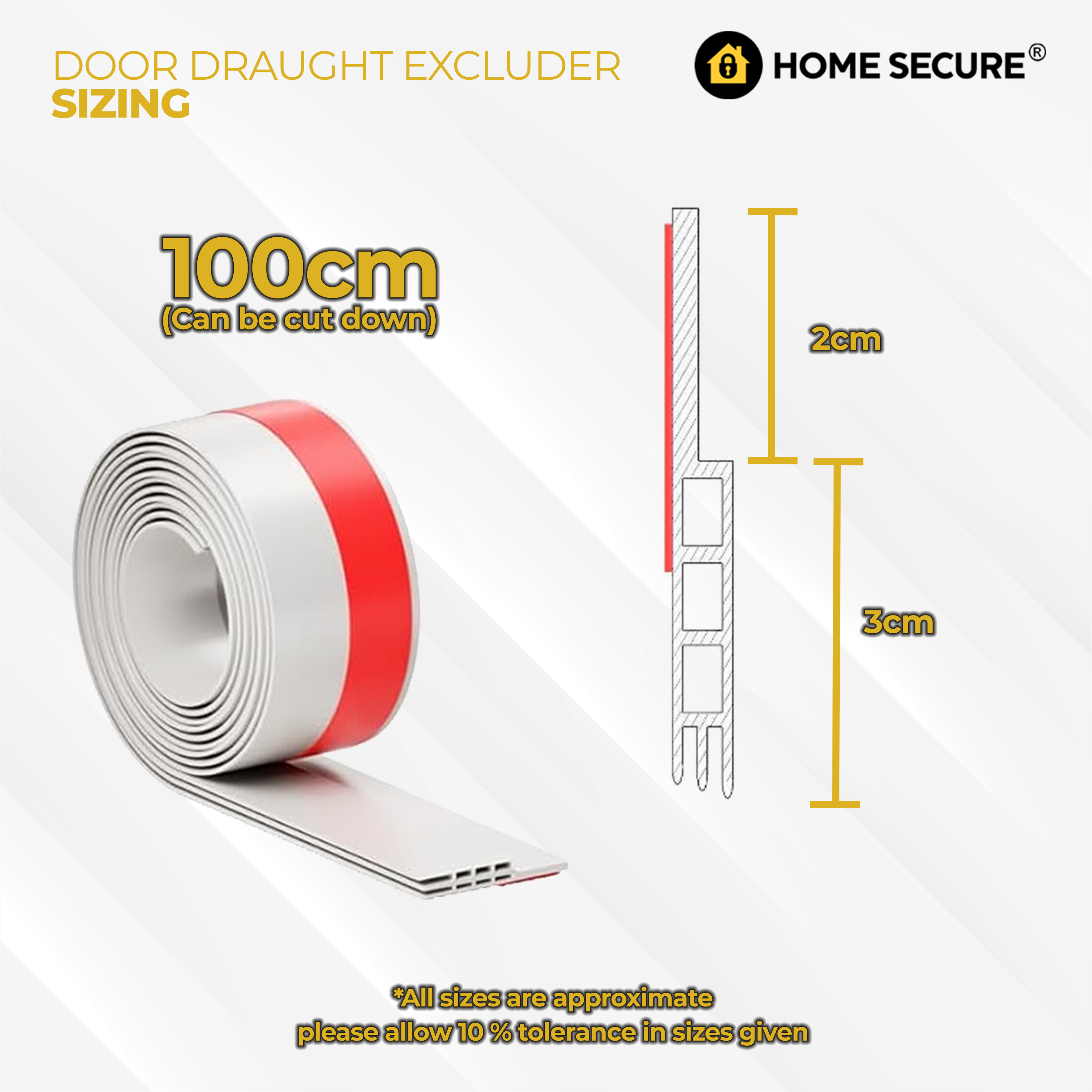Roll of door draught excluder with measurements and Home Secure branding.