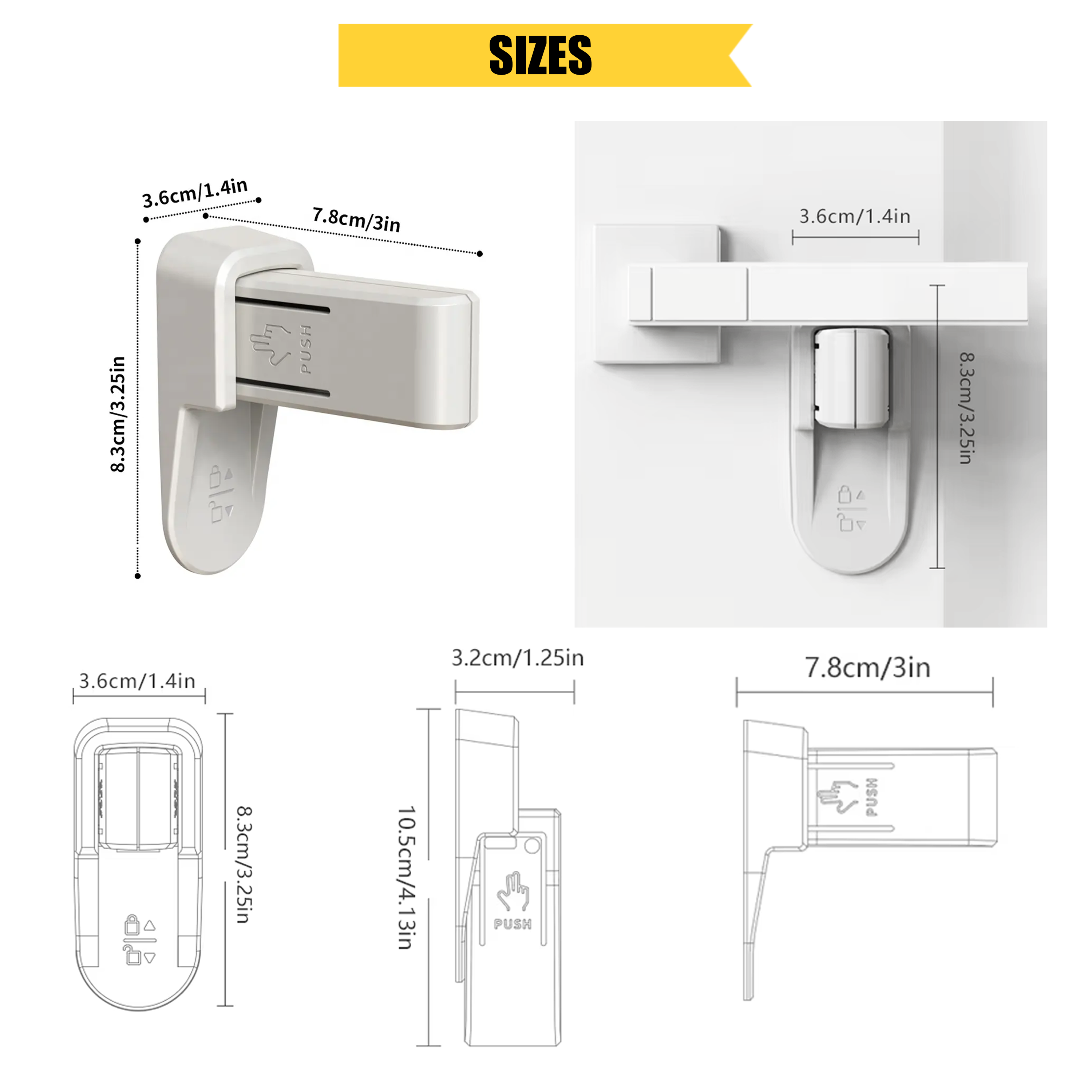 Size chart for a Home Secure door lever lock, showing detailed measurements
