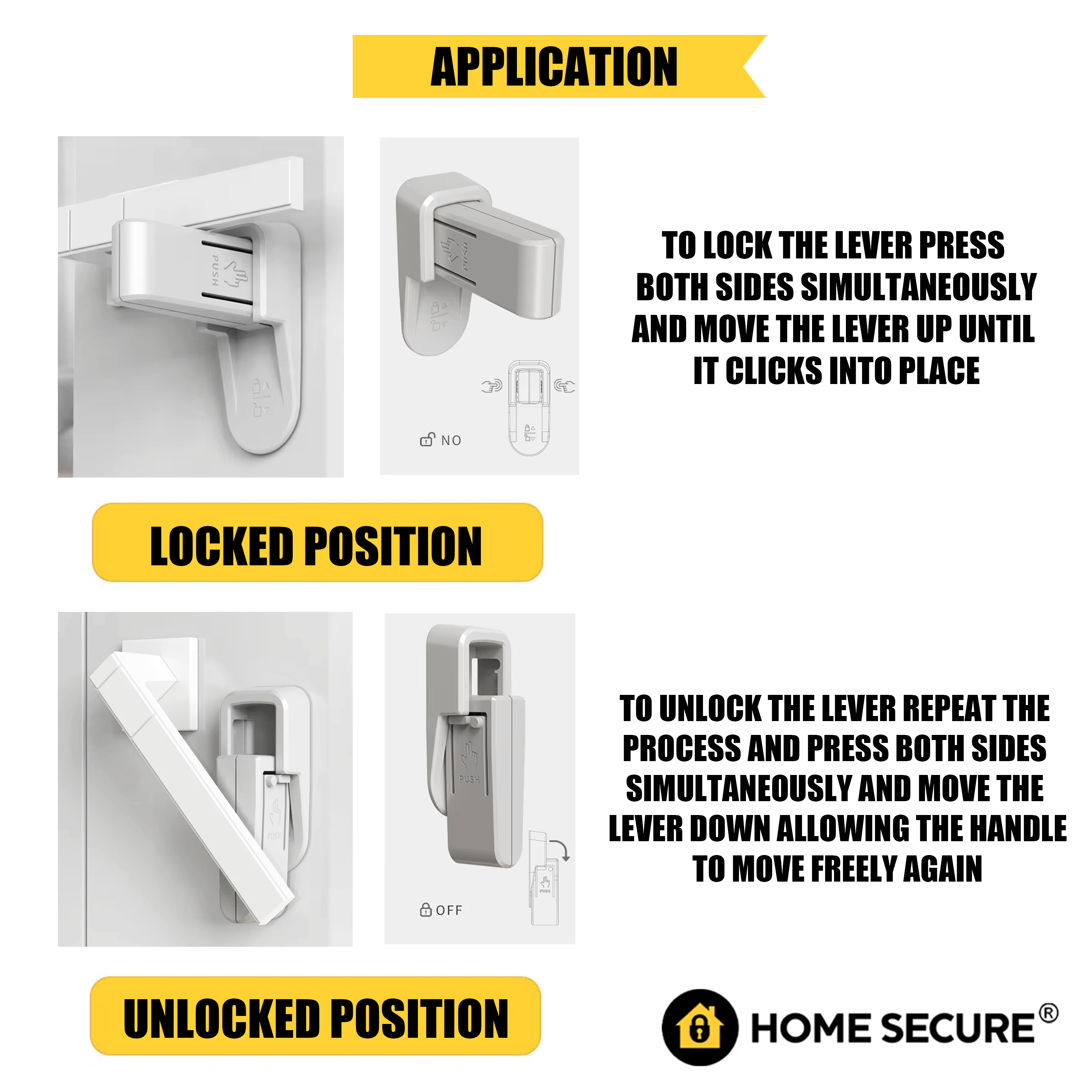 Instructional image showing how to use the Home Secure door lever lock