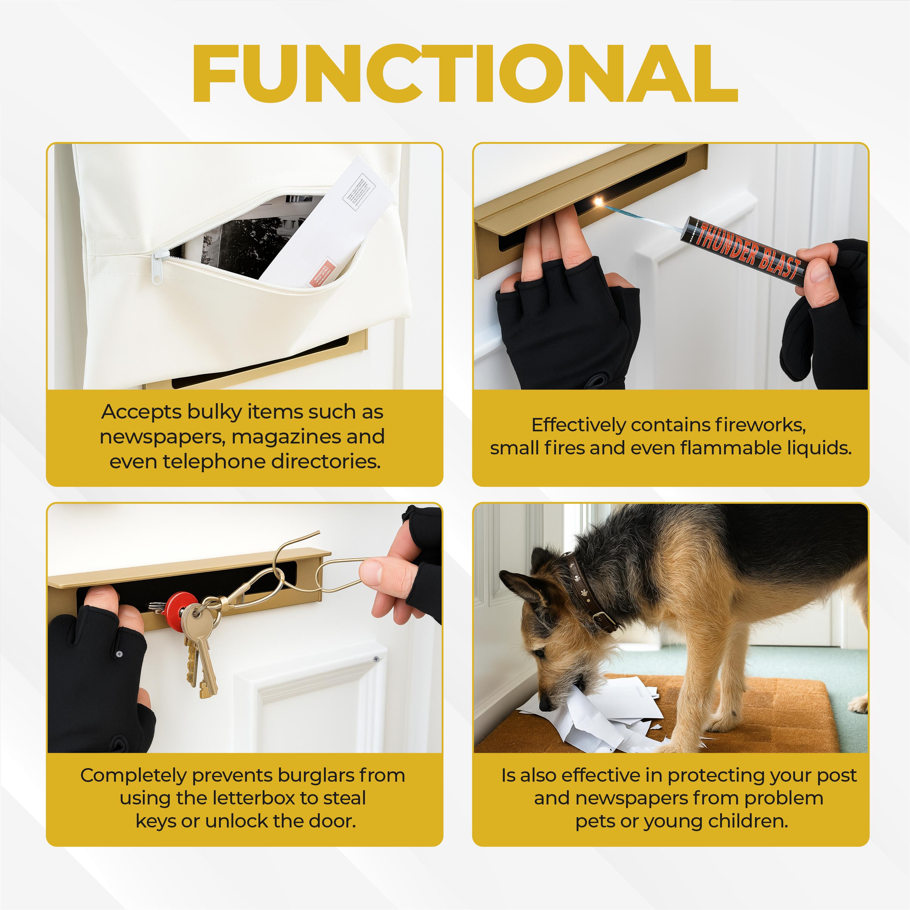 Product demonstration with text highlighting its features for accepting bulky items, containing fireworks, preventing burglars, and protecting from pets.