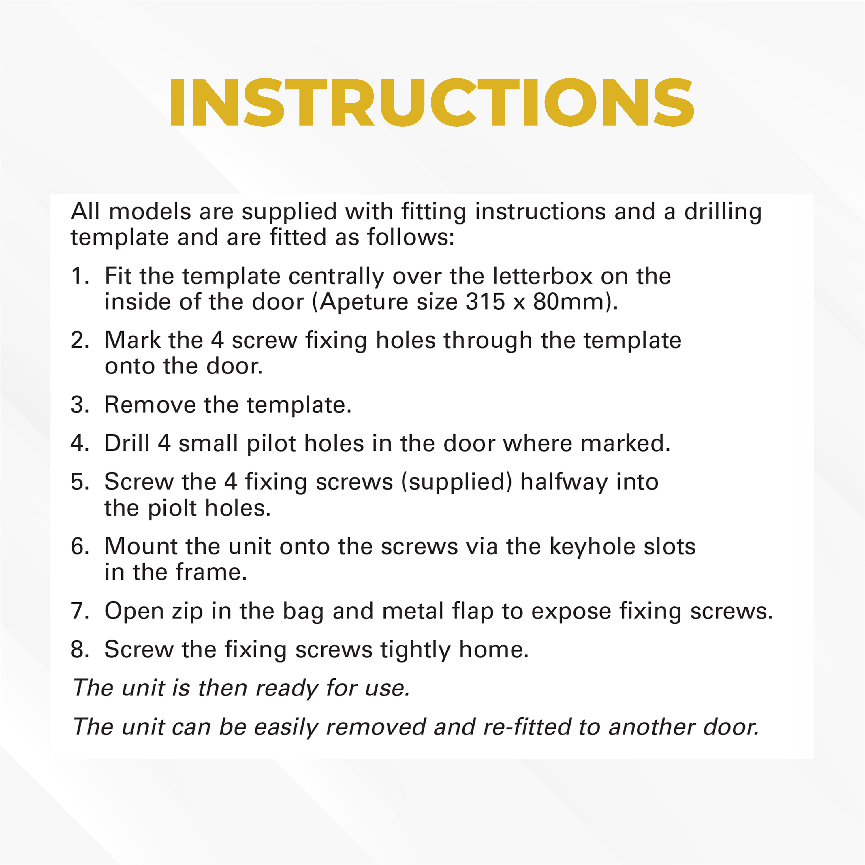 Fitting instructions for a door installation template on a white background