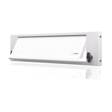 White FlapGuard lockable letterbox security cover with side locking knob, designed to prevent unauthorised access through door letterboxes.