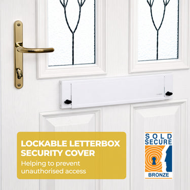 FlapGuard lockable letterbox security cover installed on a white front door with Sold Secure Bronze certification badge.