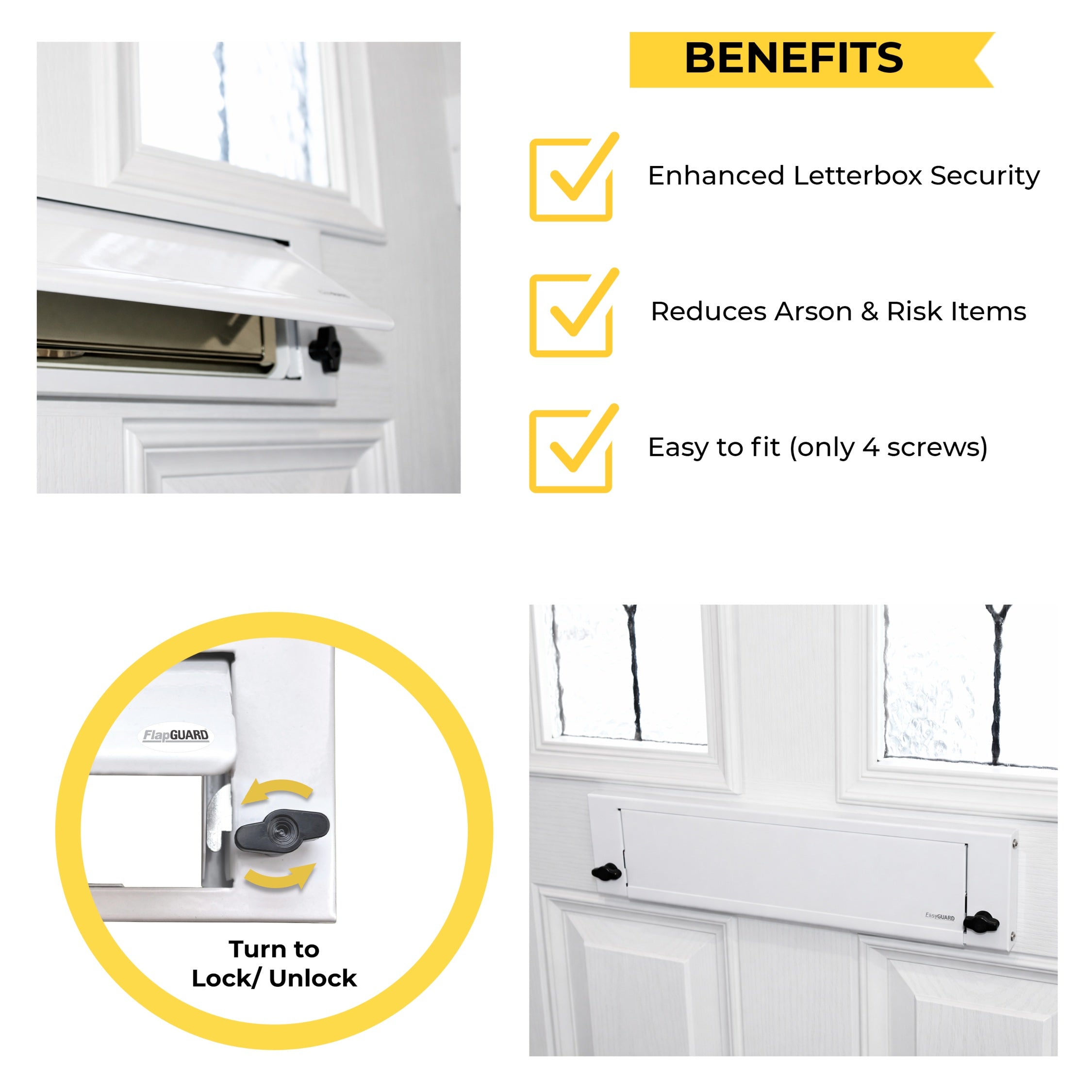 FlapGuard letterbox security cover benefits graphic showing a white flap guard installed on a front door. Highlights include enhanced letterbox security, reduced arson and fishing risk, and easy installation with only four screws. Includes close-up image demonstrating the turn lock/unlock feature and a full installed view on a white door.