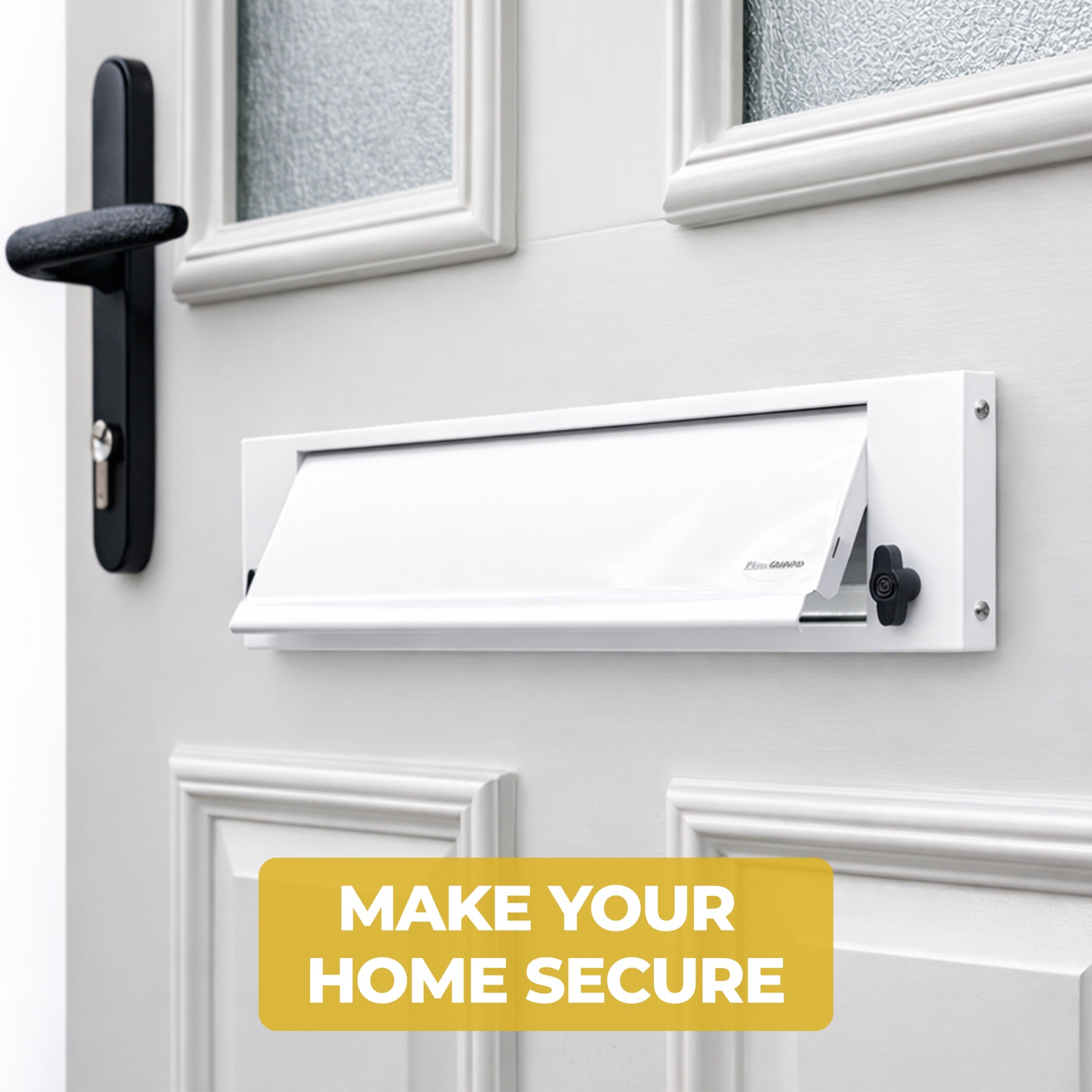 White letterbox flap guard installed on a front door beside a black handle, designed to improve home security and prevent letterbox access. Text overlay reads “MAKE YOUR HOME SECURE”.