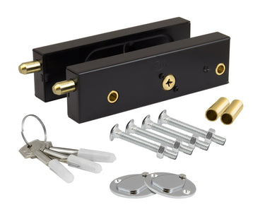 Black door handle set with keys and hardware on a white background