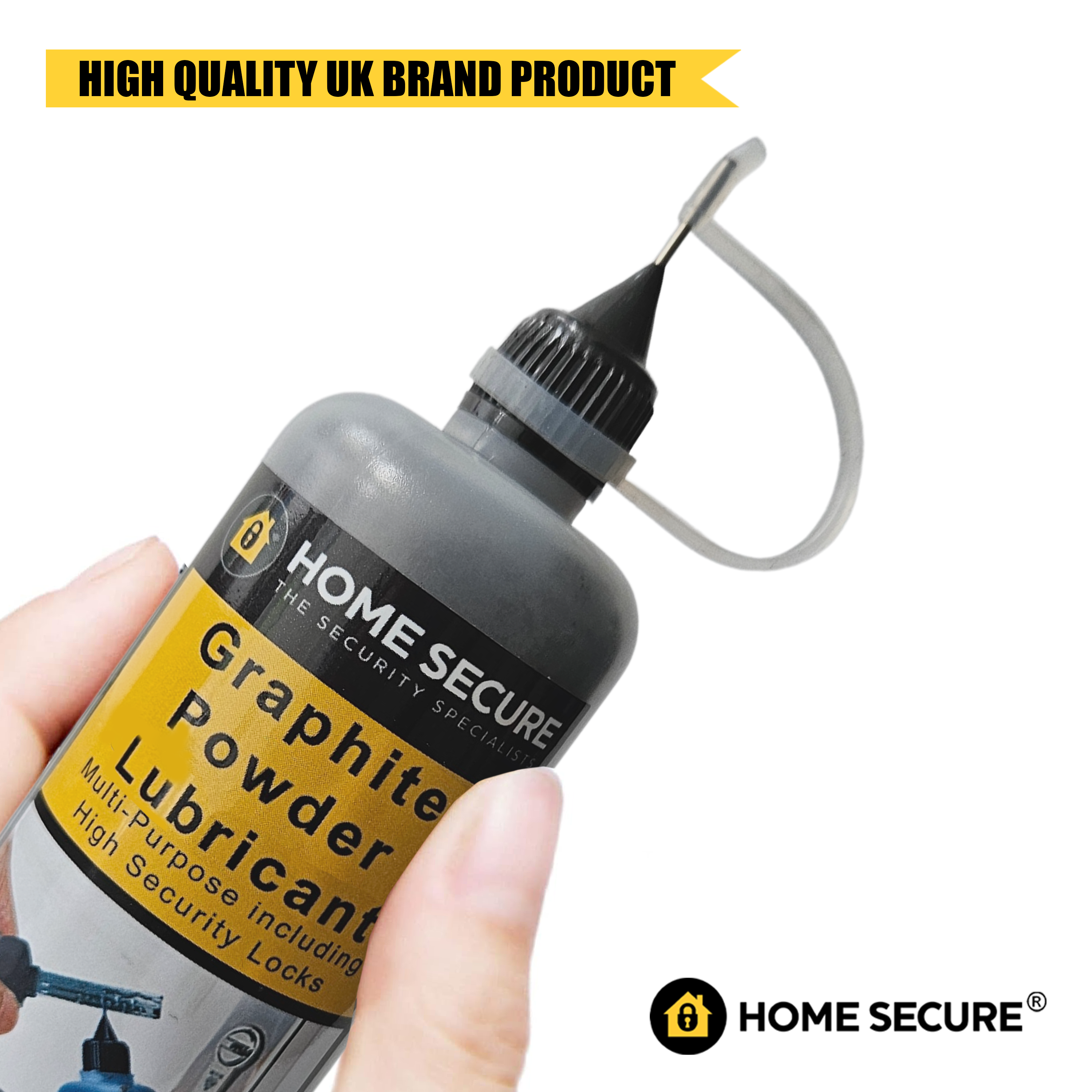 Hand holding a bottle of Home Secure Graphite Powder Lubricant. The label indicates it is multi-purpose and suitable for high security locks