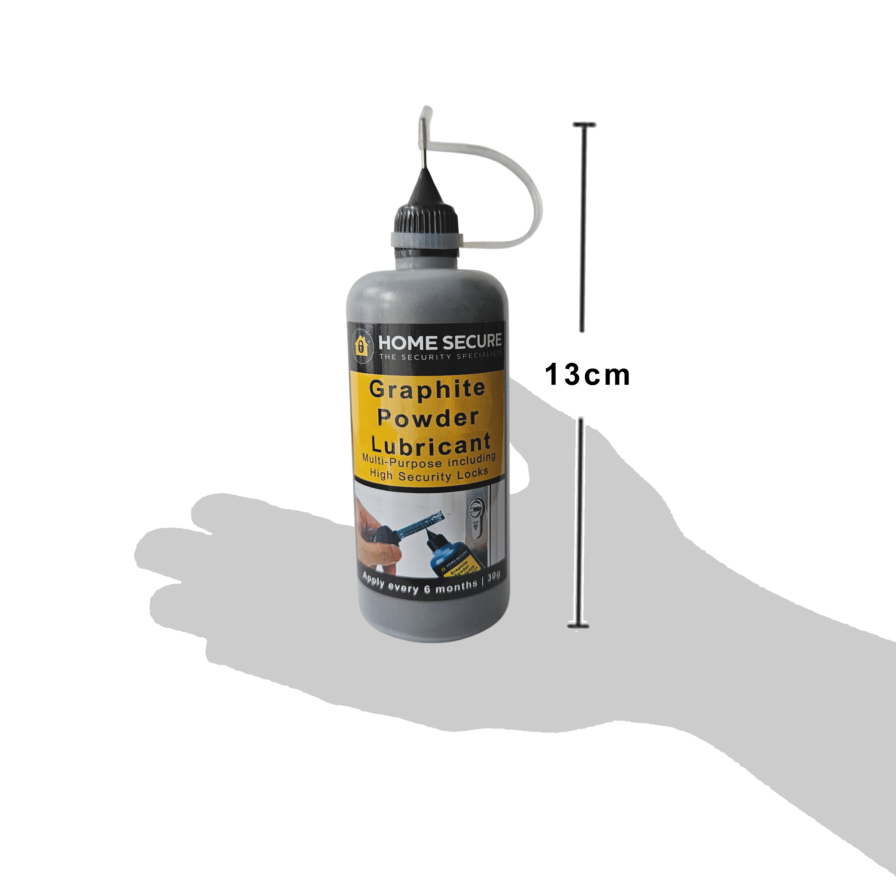 Home Secure Graphite Powder Lubricant bottle shown against a silhouette of a hand for scale. The bottle height is labeled as 13 cm