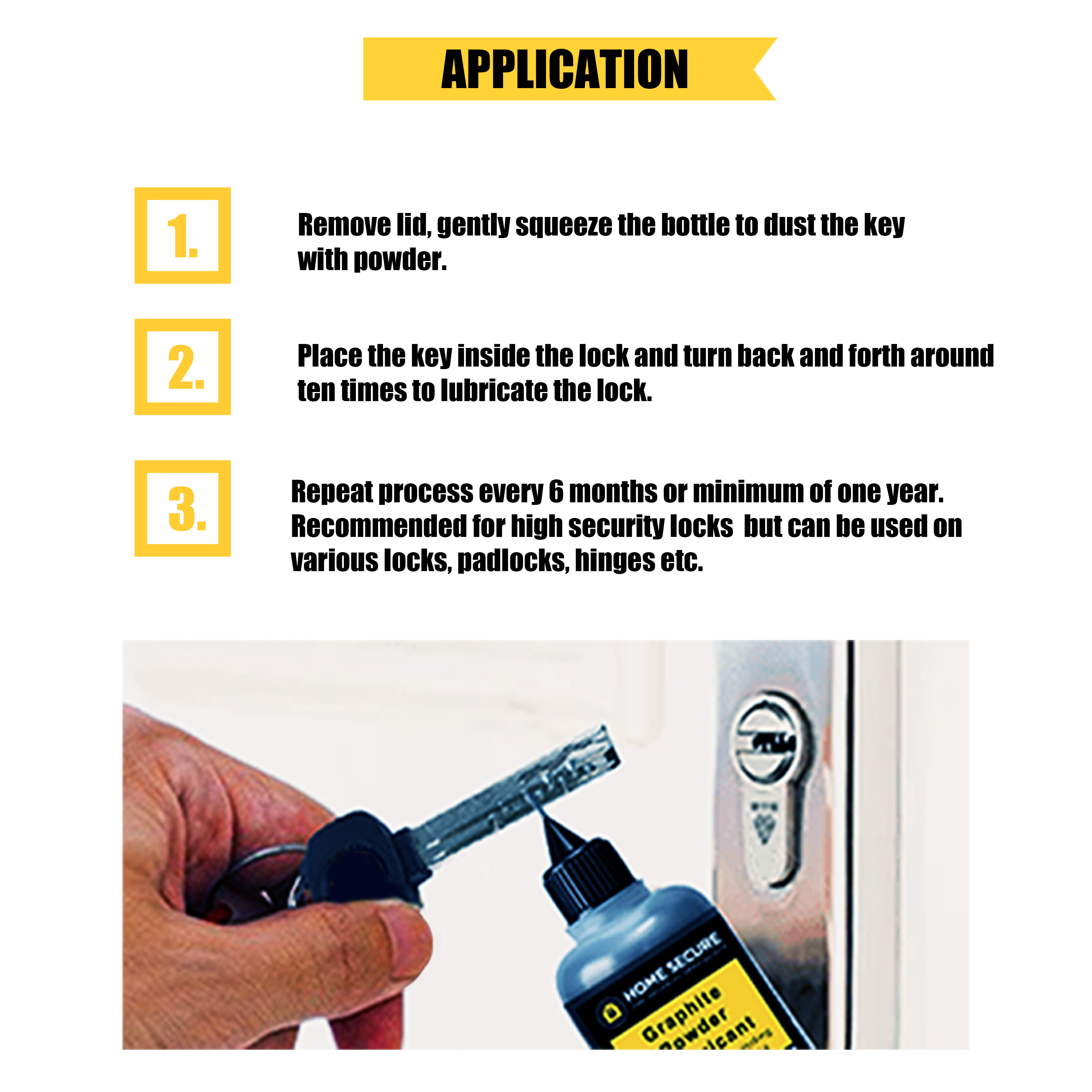 Application instructions for Home Secure Graphite Powder Lubricant
