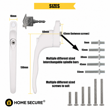 Home Secure universal uPVC window handle sizes: 130mm handle, 43mm between screws, with 9, 15, 30, 45 and 55mm spindles and screws