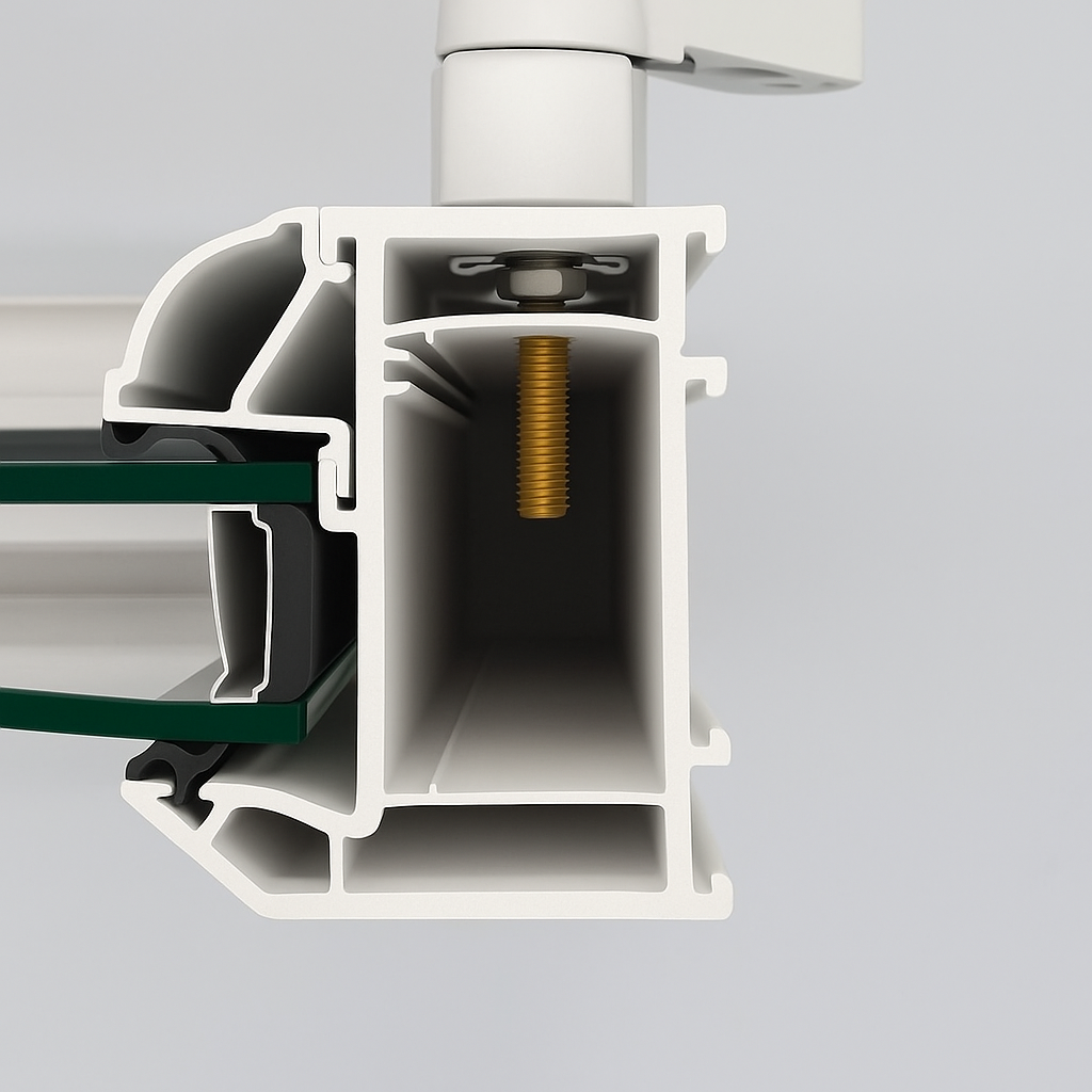 Close-up of a plastic upvc profile with a jack nut and machine screw on a grey background