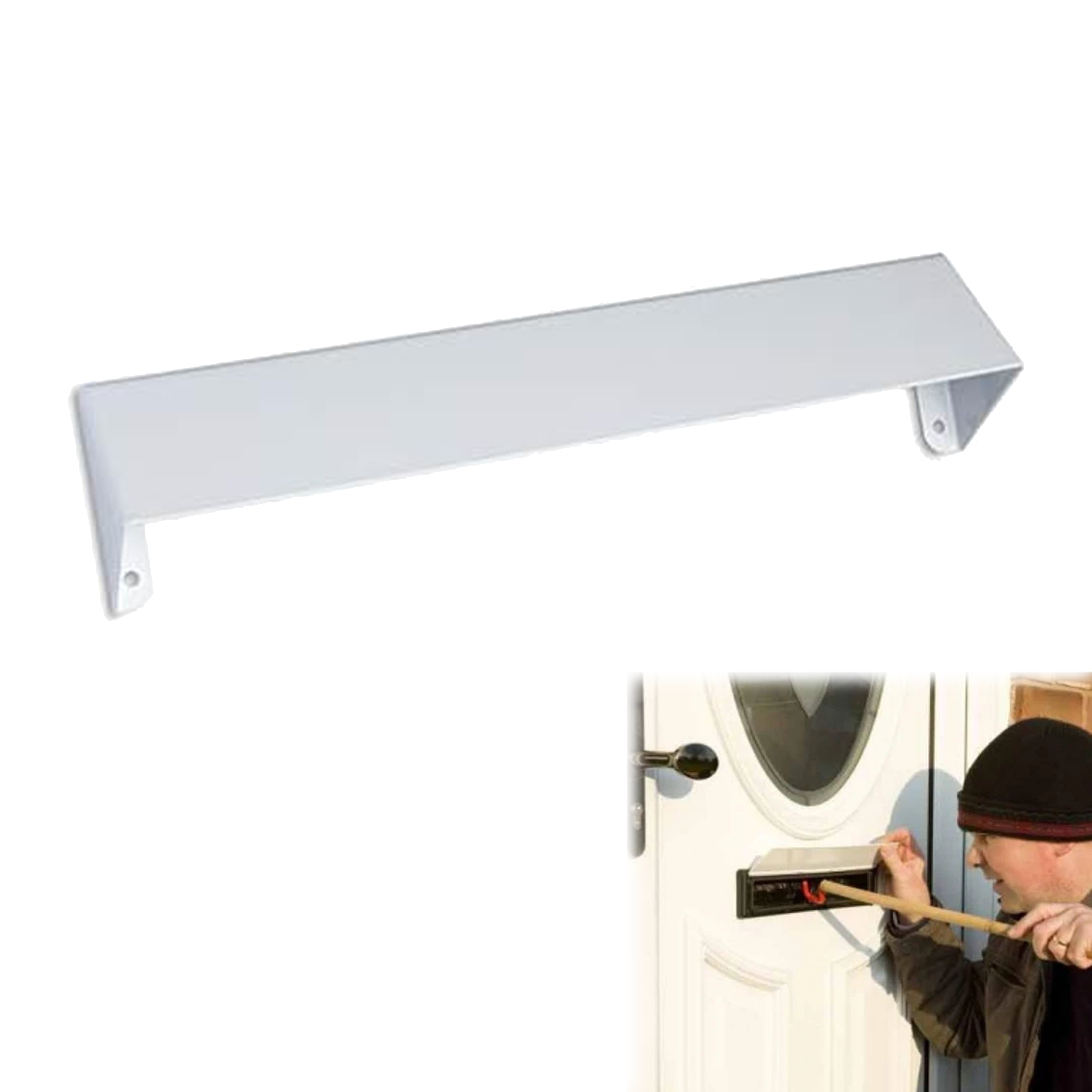 The image shows a white visor guard for letterboxes, with a depiction of how it is used to prevent 'letterbox fishing'. A person is shown in the inset image trying to fish a key out of a letterbox.