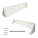 White triangular mail slot draught excluder shown from front and rear angles. The rear view displays a keyhole mounting slot and screw hole for installation. Four self-tapping screws for uPVC doors are included below the product