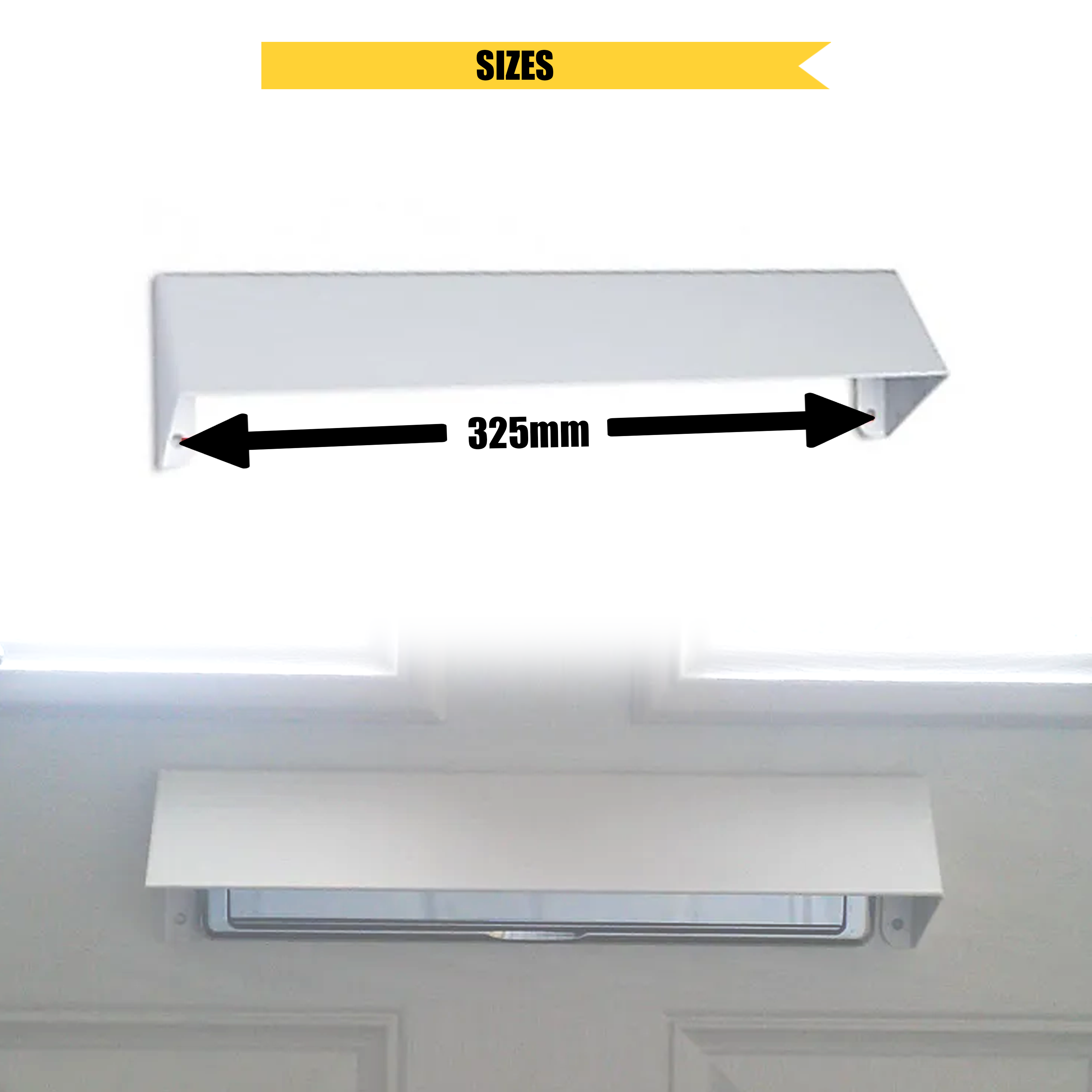 White mail slot draught excluder with a labeled width of 325mm. The top view shows the product against a white background with measurement arrows, while the bottom image shows it installed above a mail slot on a door