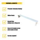 Features and benefits graphic for a white mail slot draught excluder. Highlights include prevention of letterbox fishing, white finish, size of 340mm wide by 70mm high, easy installation by screwing onto the inside of the door, and screws supplied