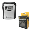 Outdoor key safe with a digital keypad on the front, mounted on a wall. The product packaging is shown beside it with branding and product information.