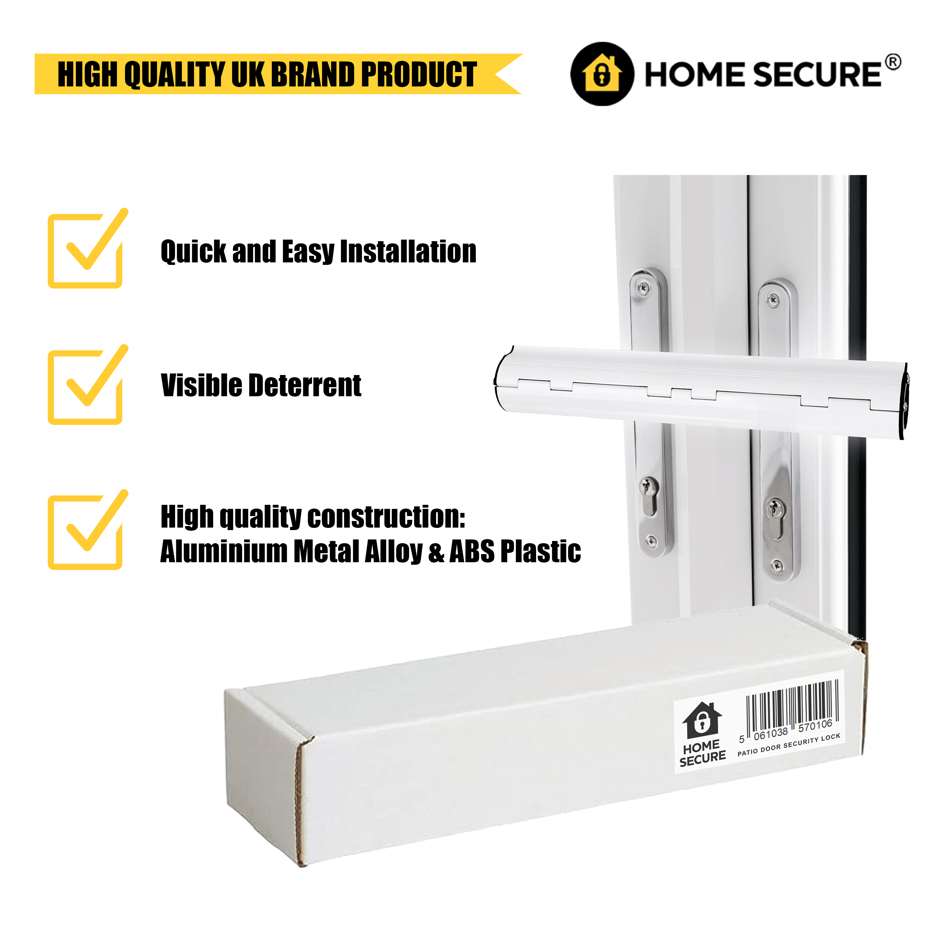 The lock is shown installed on patio doors beside a white product box. Features include quick and easy installation, visible deterrent to intruders, and high-quality construction made from aluminium metal alloy and ABS plastic