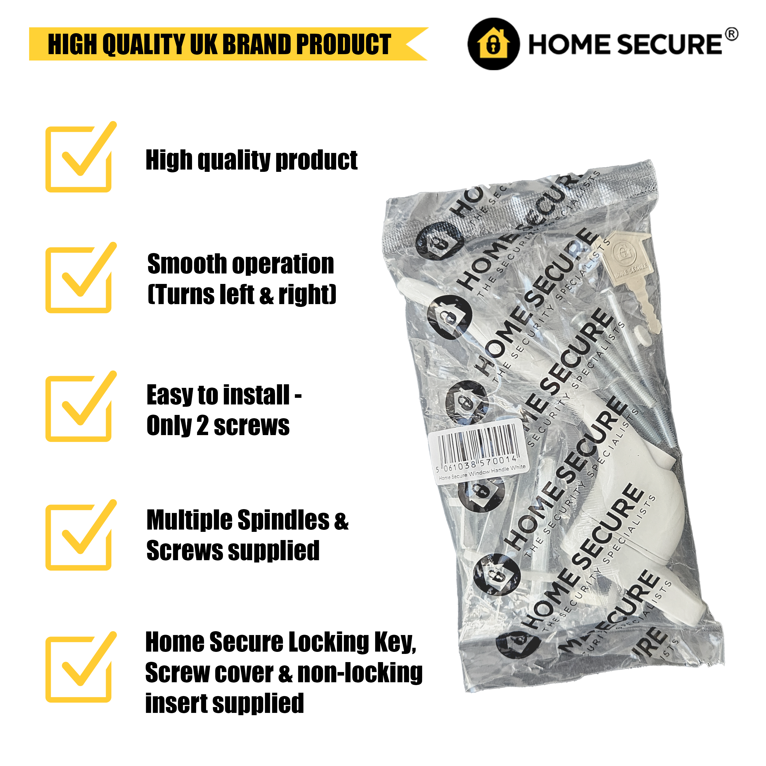 High quality UK brand product replacement upvc window handle packaged by Home Secure. Product features listed with yellow check marks