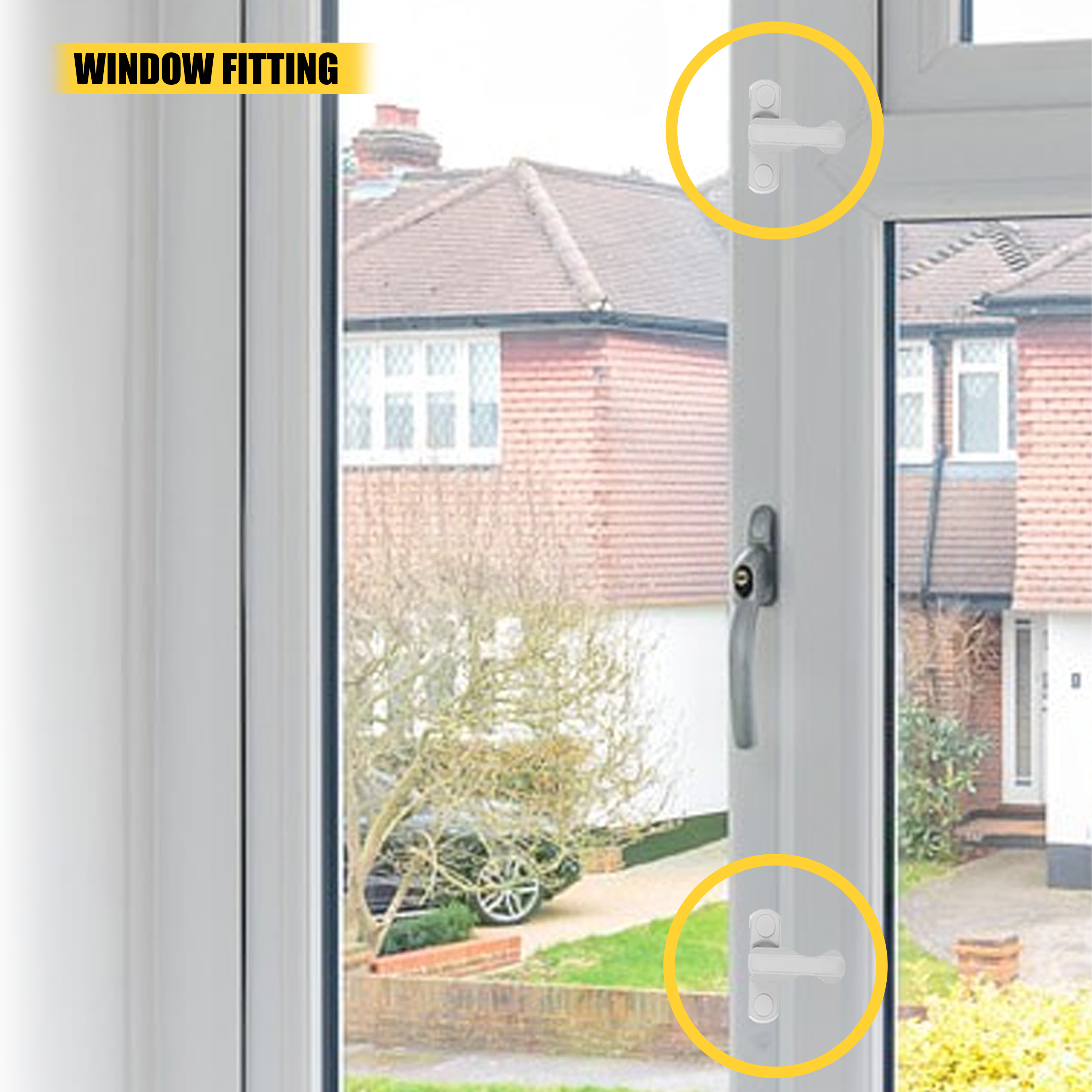 Window fitting example for Home Secure sash jammers. Image shows a white uPVC window with the frame seal installed. Two yellow circles highlight the areas where the sash jammer is fitted around the window locking points