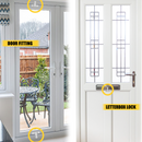 Examples of Home Secure seal fitting on doors. Left side shows a set of white uPVC patio doors with seal locations highlighted at the top and bottom, labeled 'Door Fitting'. Right side shows a front door with decorative glass panels, highlighting the letterbox and door lock area, labeled 'Letterbox Lock'. Yellow circles indicate fitting points
