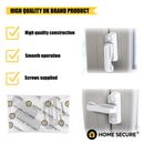 Home Secure promotional image highlighting features of a door lock product. Key points include: high quality construction, smooth operation, and screws supplied. The image shows two views of the white lock fitted on a uPVC door, along with a branded packet of screws