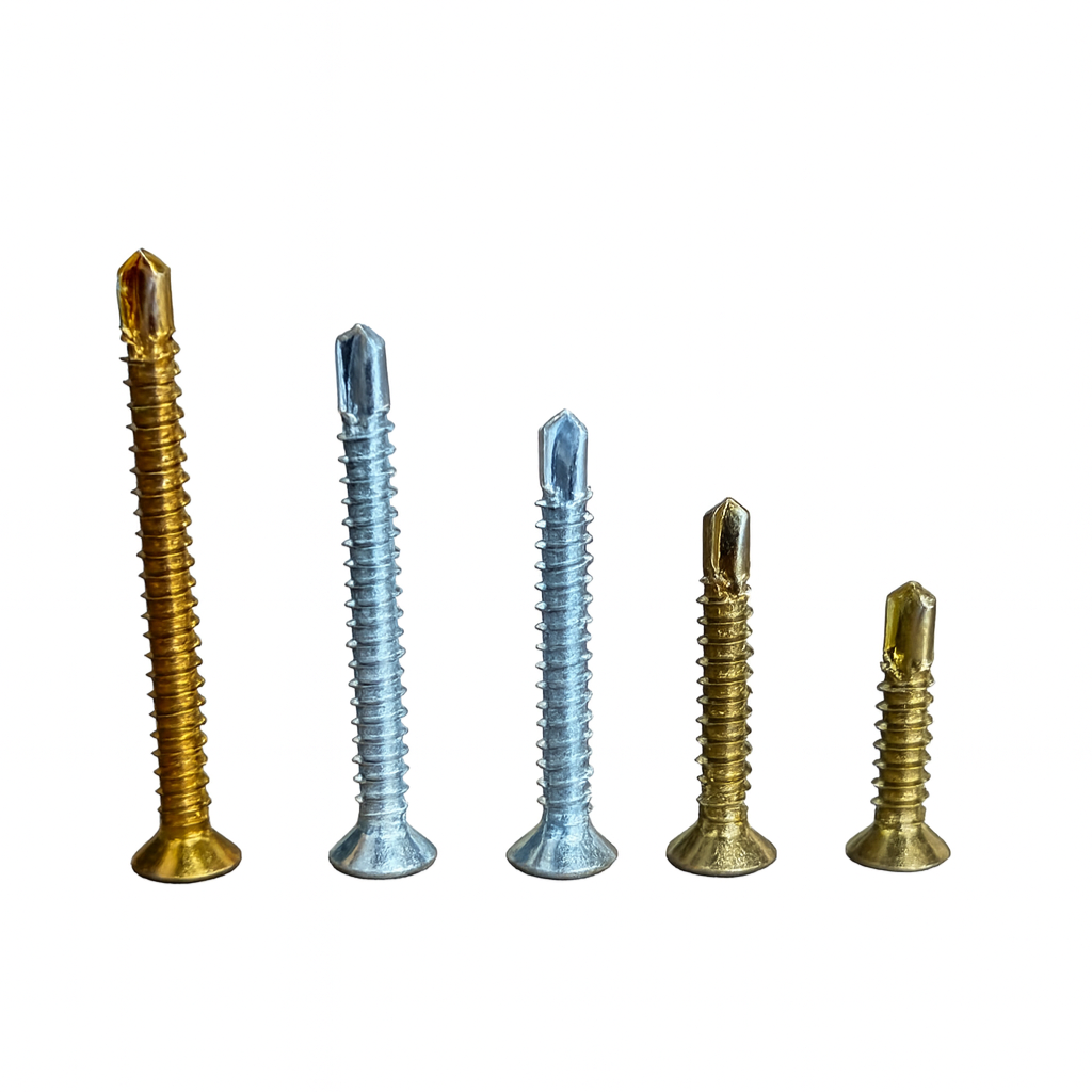 Set of screws with different sizes and finishes on a white background