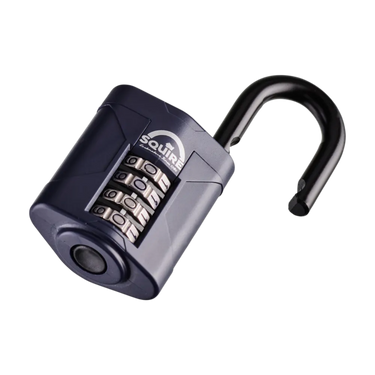 Squire CP50 50mm recodable combination padlock shown with open shackle for code setting and access.