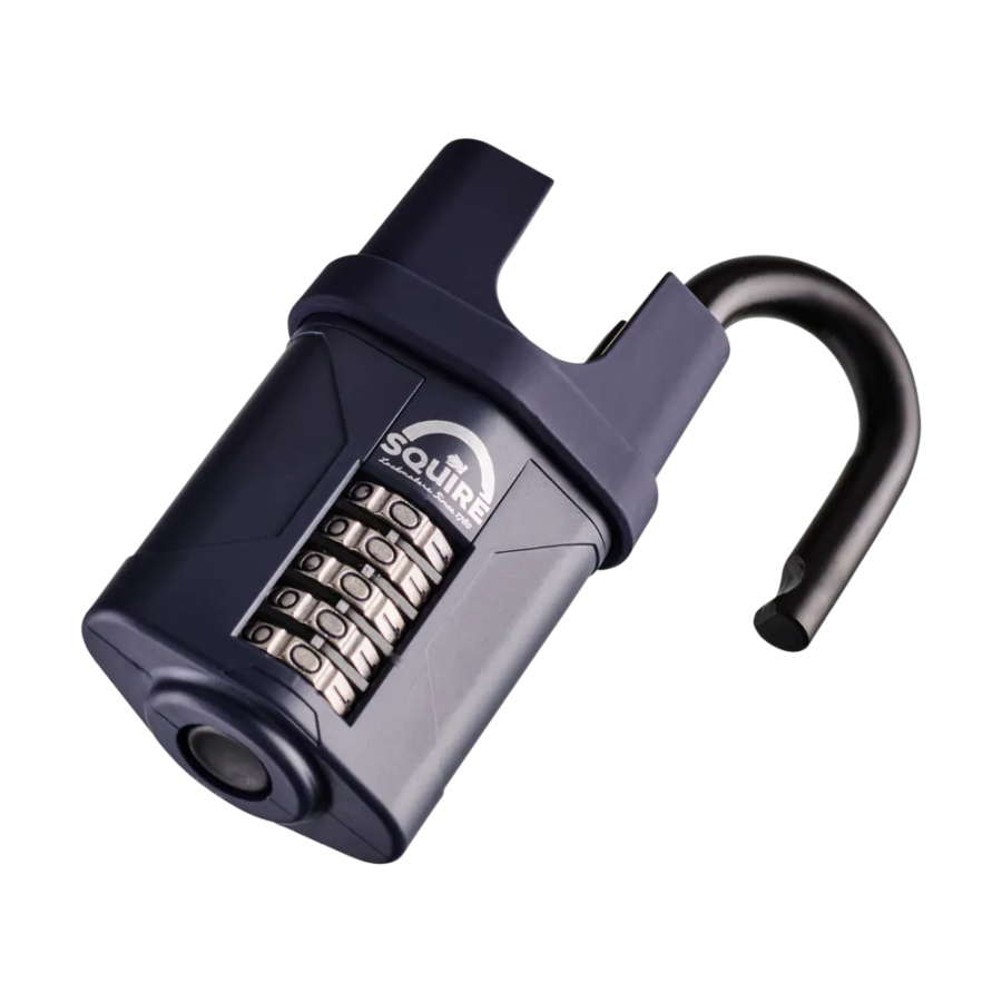 Squire CP60 60mm high-security recodable combination padlock shown with open shackle for code setting and access.